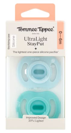 Tommee Tippee Ultra Light Stay Put Silicone Pacifier, 0-6 M, Green-Blue (2 ct)