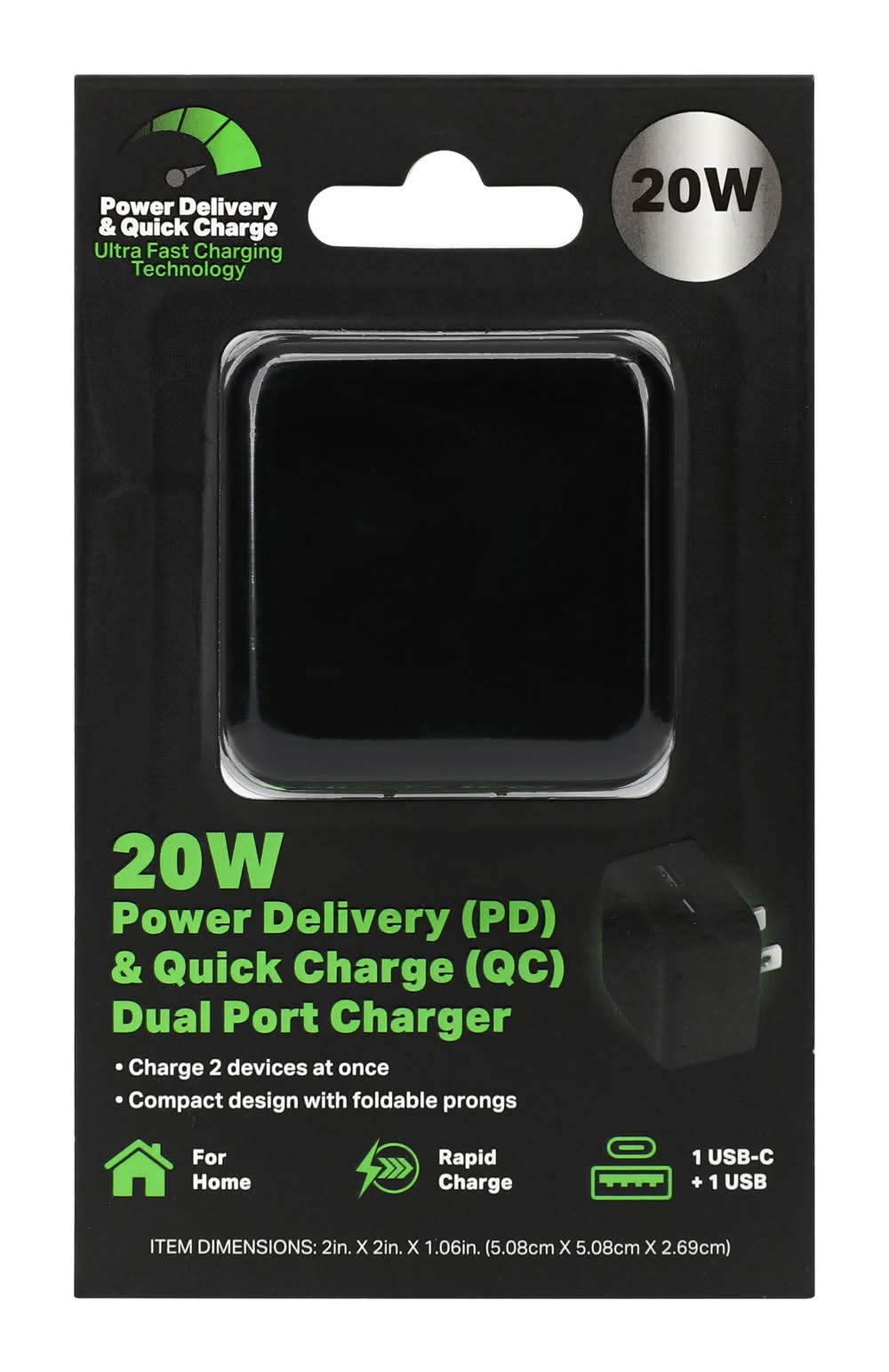 20W Power Delivery & Quick Charge USB-C & USB Dual Port Wall Charger Black