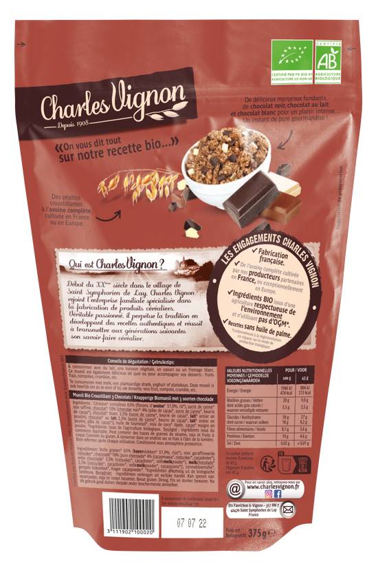 Charles Vignon - Muesli croustillant 3 chocolats bio