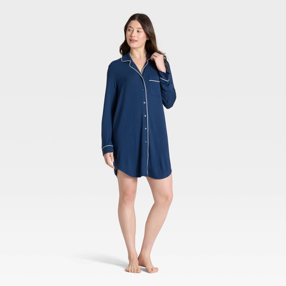 Auden Cloud Knit Modal Notch Collar Long Sleeve Nightgown, Women, XS, Navy Blue