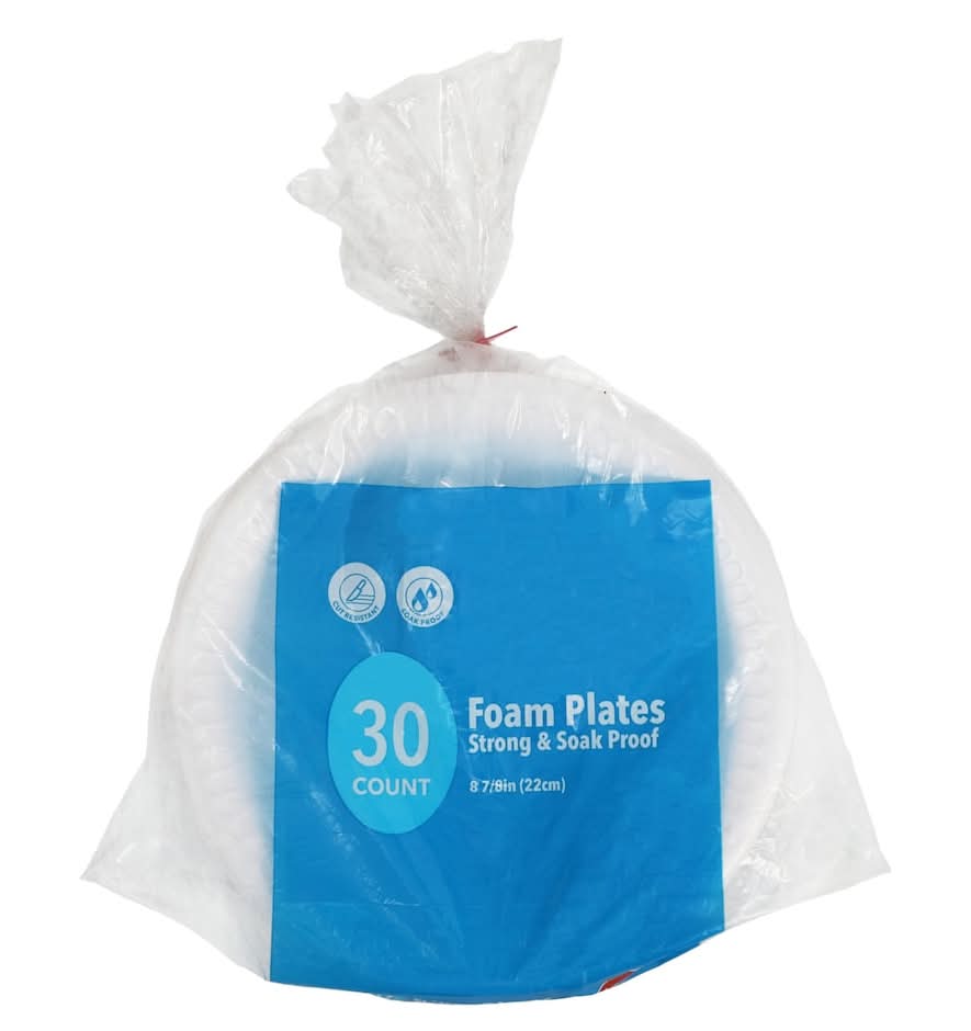 Strong & Soak Proof Foam Dinner Plates, 22 cm, White (30 ct)