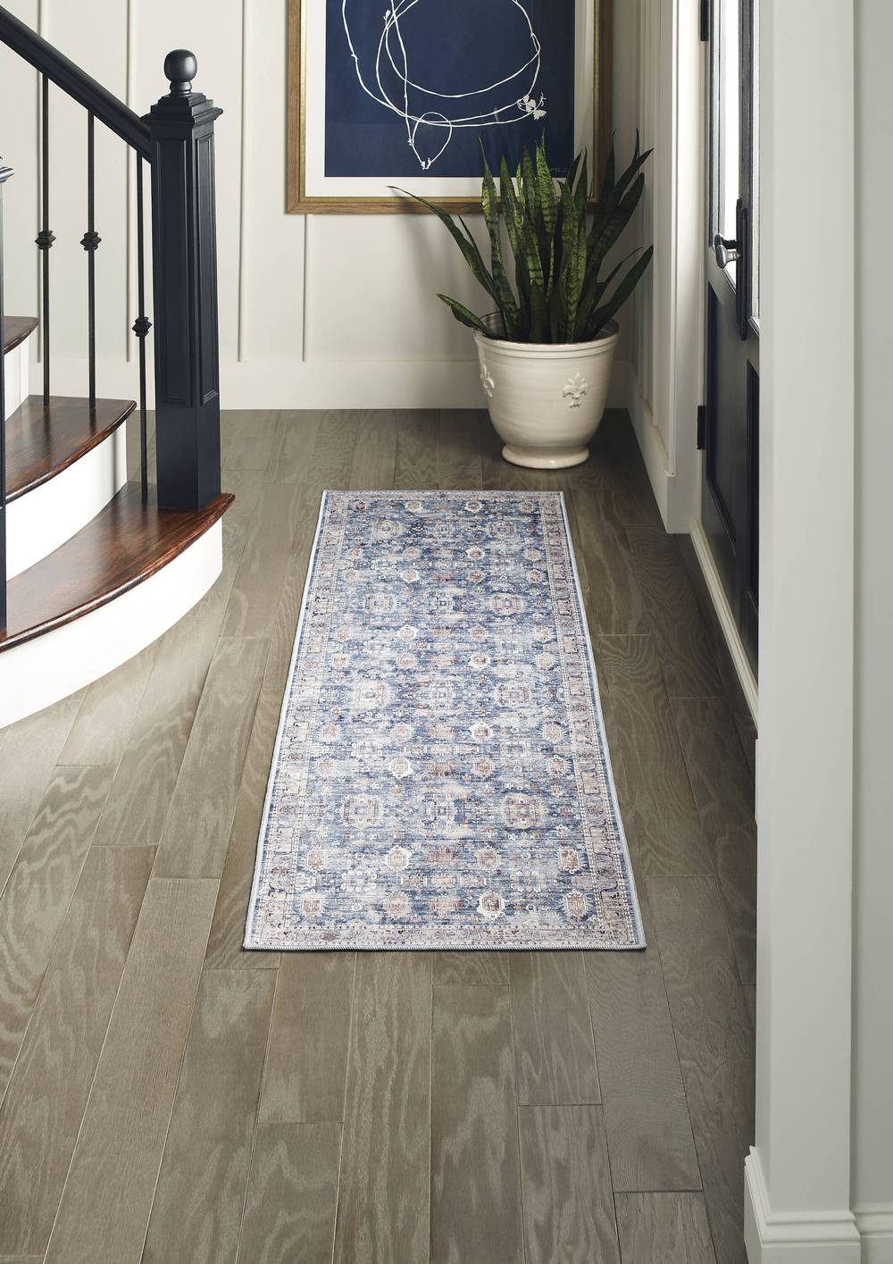 allen + roth Machine Washable Blue Traditional 2 X 8 (ft) Blue Indoor Floral/Botanical Machine Washable Runner Rug | 359244