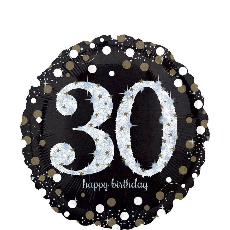 Party City Sparkling Celebration Uninflated 30th Birthday Balloon, 18'', Black-Silver