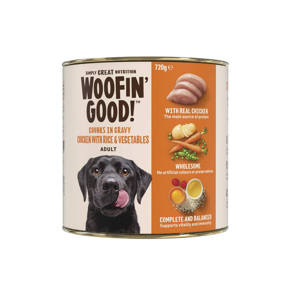 Woofin Good Chunks in Gravy Chicken Rice & Veg Dog Food 720g