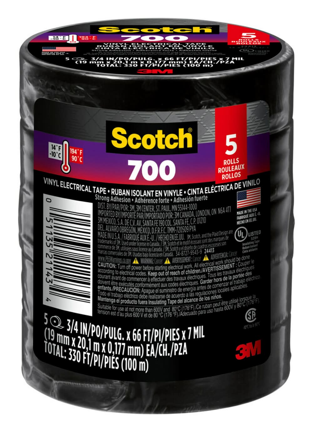 Scotch 0.75-in x 66.0-ft Vinyl Electrical Tape Black 5 -Pack