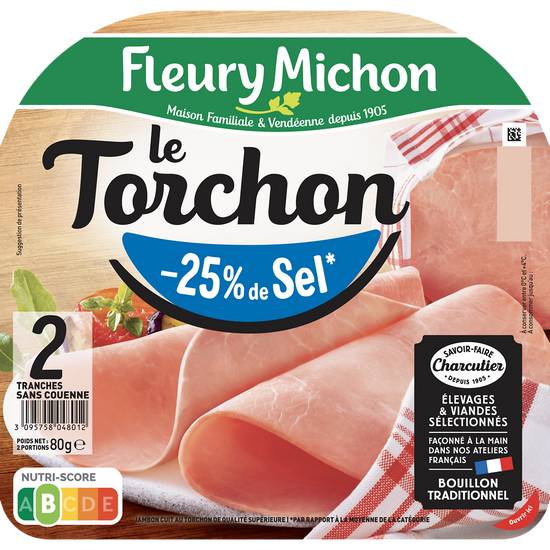 Le Torchon - Jambon Blanc - Taux De Sel Réduit - 2 Tranches Fines Fleury Michon 80 gr