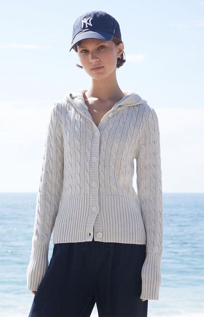 John Galt Cable Knit Button Down Hooded Sweater Light Gray One Size