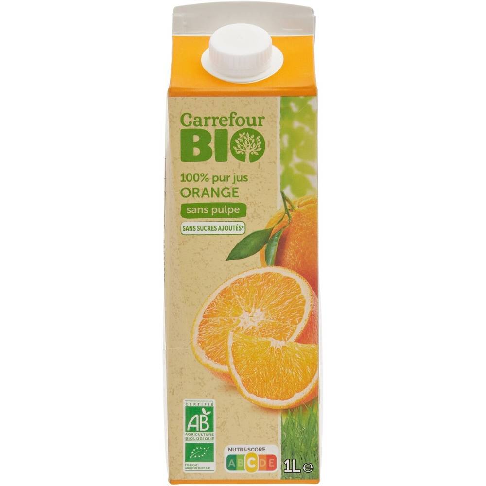 Jus d'orange pur jus sans pulpe CARREFOUR BIO - la brique de1L