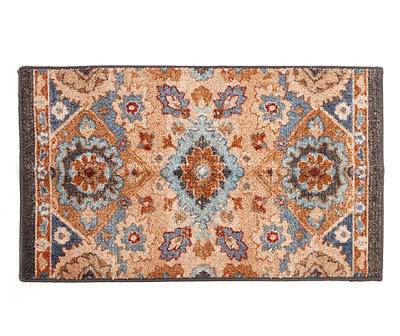 Blue & Tan Traditional Floral Accent Rug, (20" x 34")