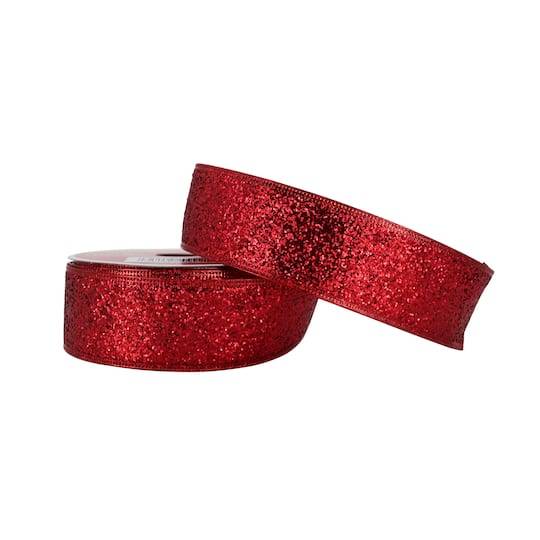 Celebrate It Christmas Wired Glitter Ribbon, 1.5" X 30Ft. , Red