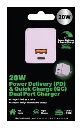 20W Power Delivery & Quick Charge Dual Port Wall Charger Light Purple
