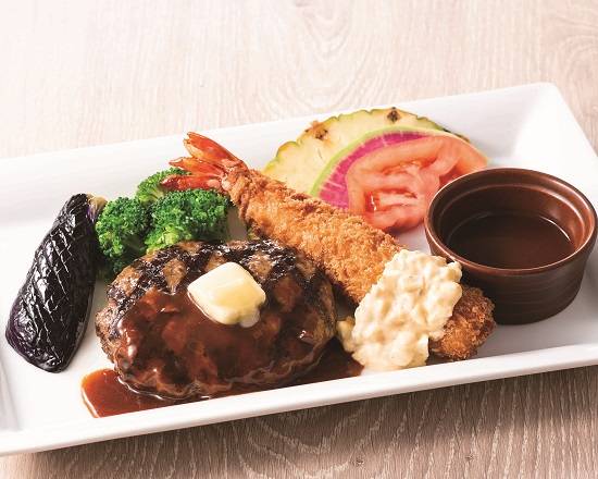 【単品】ビーフ100%ハンバーグ＆Big海老フライ（デミグラスソース） 100% Beef Hamburg Steak & BIG Fried Shrimp (Demi-Glace Sauce)