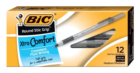 BIC Round Stic Grip Xtra Comfort Ballpoint Pens, Medium Point, 1.2 mm, Gray Barrel, Black Ink, Pack Of 12 Pens