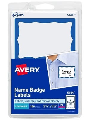Avery Adhesive Sticker Name Tag Labels, White/Blue, 100 Name Badges/Pack (13971/5144)