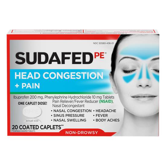 Sudafed Pe Non-Drowsy Head Congestion + Pain Coated Caplets (20 ct)