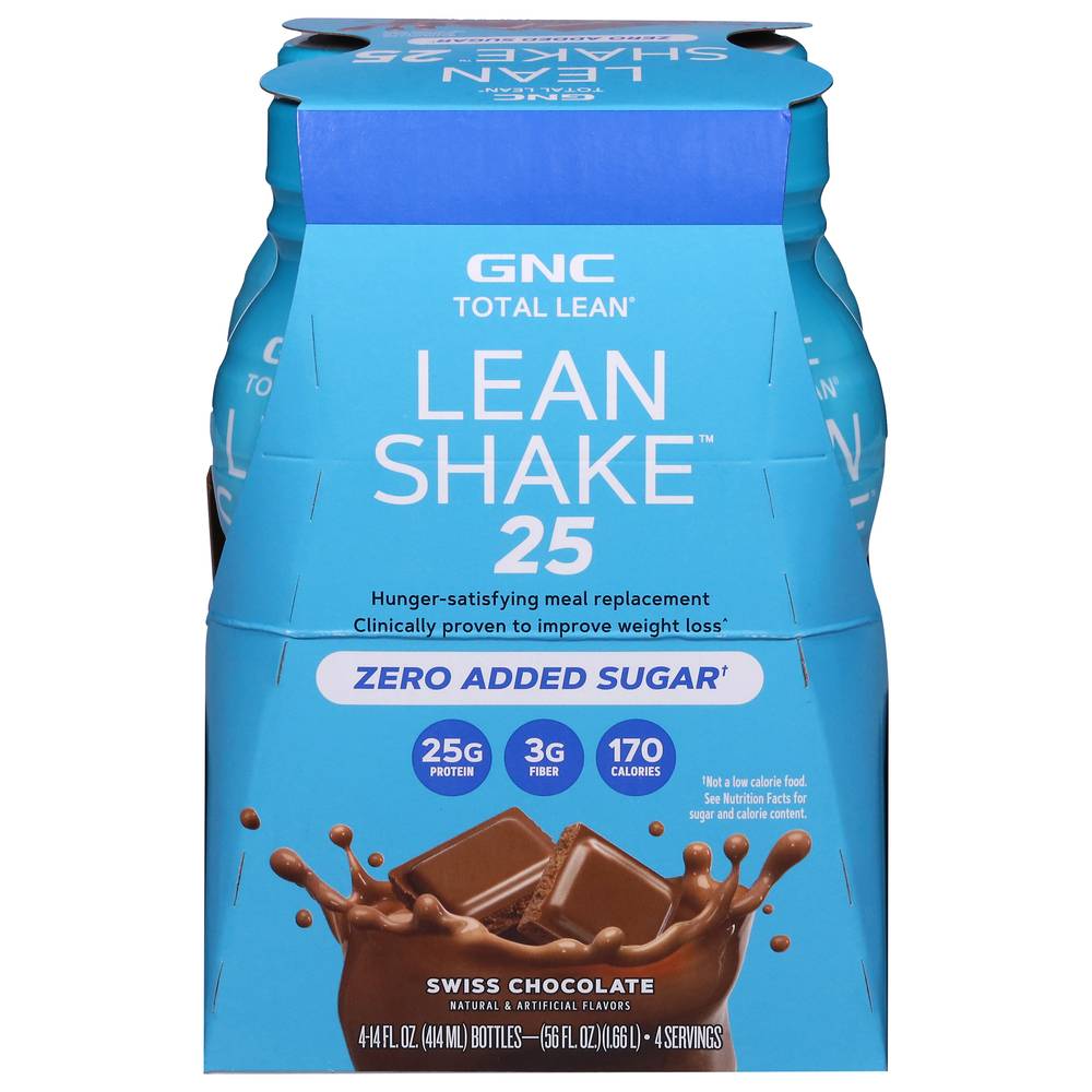 GNC Lean Shake 25 Total Lean Zero Added Sugar, Swiss Chocolate (4 x 14 fl oz)