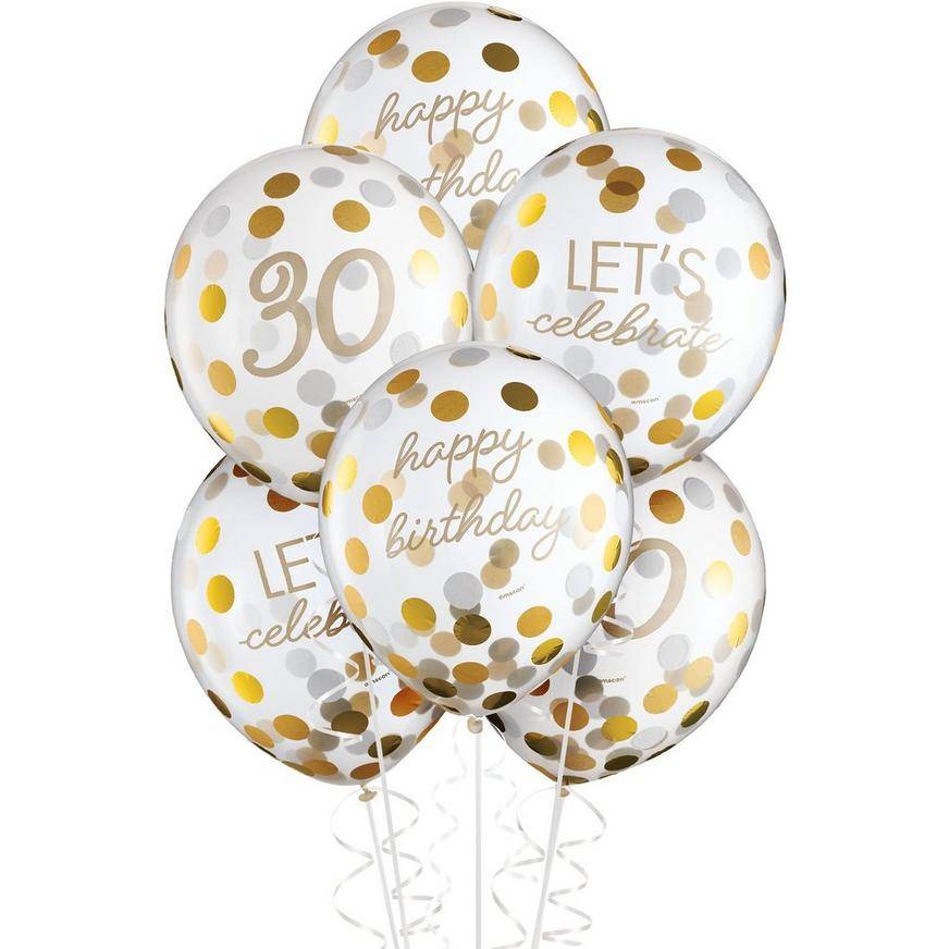 Uninflated 6ct, 12in, Metallic Golden Age 30th Birthday Latex Confetti Balloons
