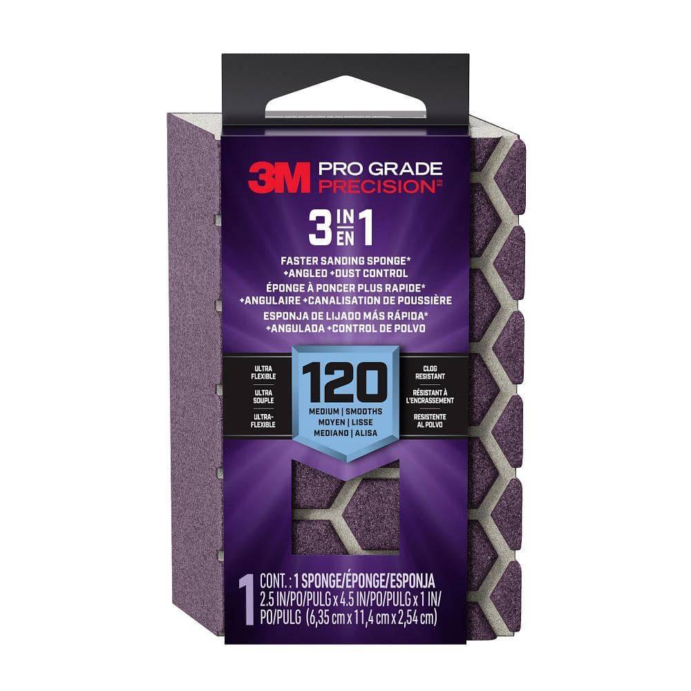 3M Pro Grade Precision 120 Grit Medium 3-in-1 Sanding Sponge, 2.5 In X 4.5 In X 1 In