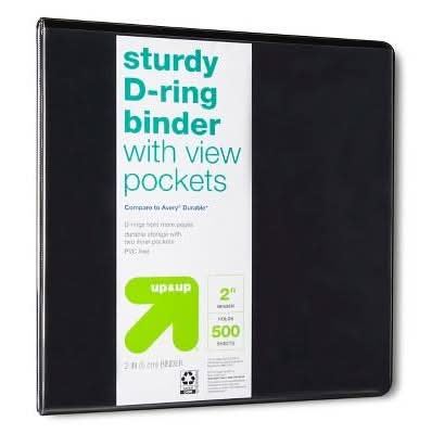 up&up Sturdy D Ring Binder With View Pockets, 2", Black