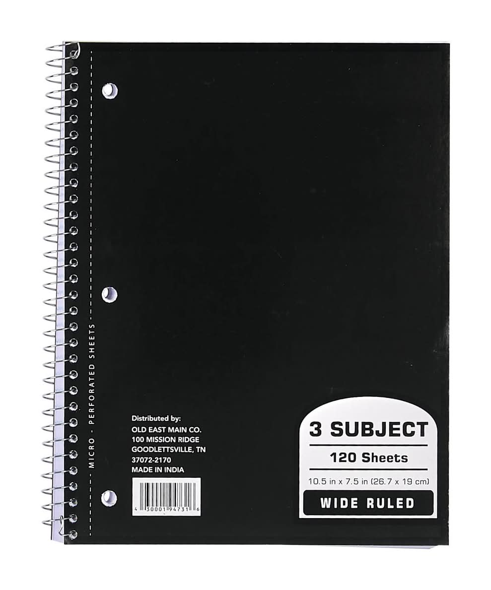 3 Subject Wide Ruled Spiral Notebook, 10.5x7.5 in (120 ct)