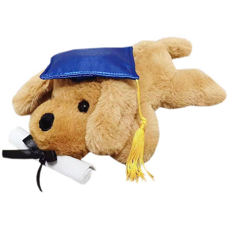 Blue Graduation Cap Diploma Lying Tan Dog Plush, 8.5in