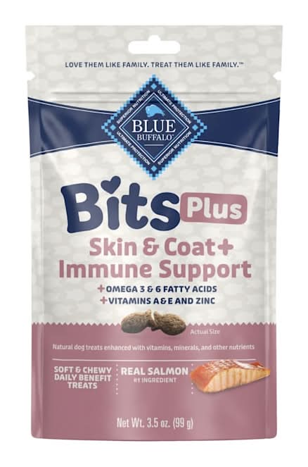 Blue Buffalo Soft & Chewy Salmon Morsels BLUE Bits Plus Skin & Coat and Immune Support Daily Benefit Dog Treats, 3.5 oz.