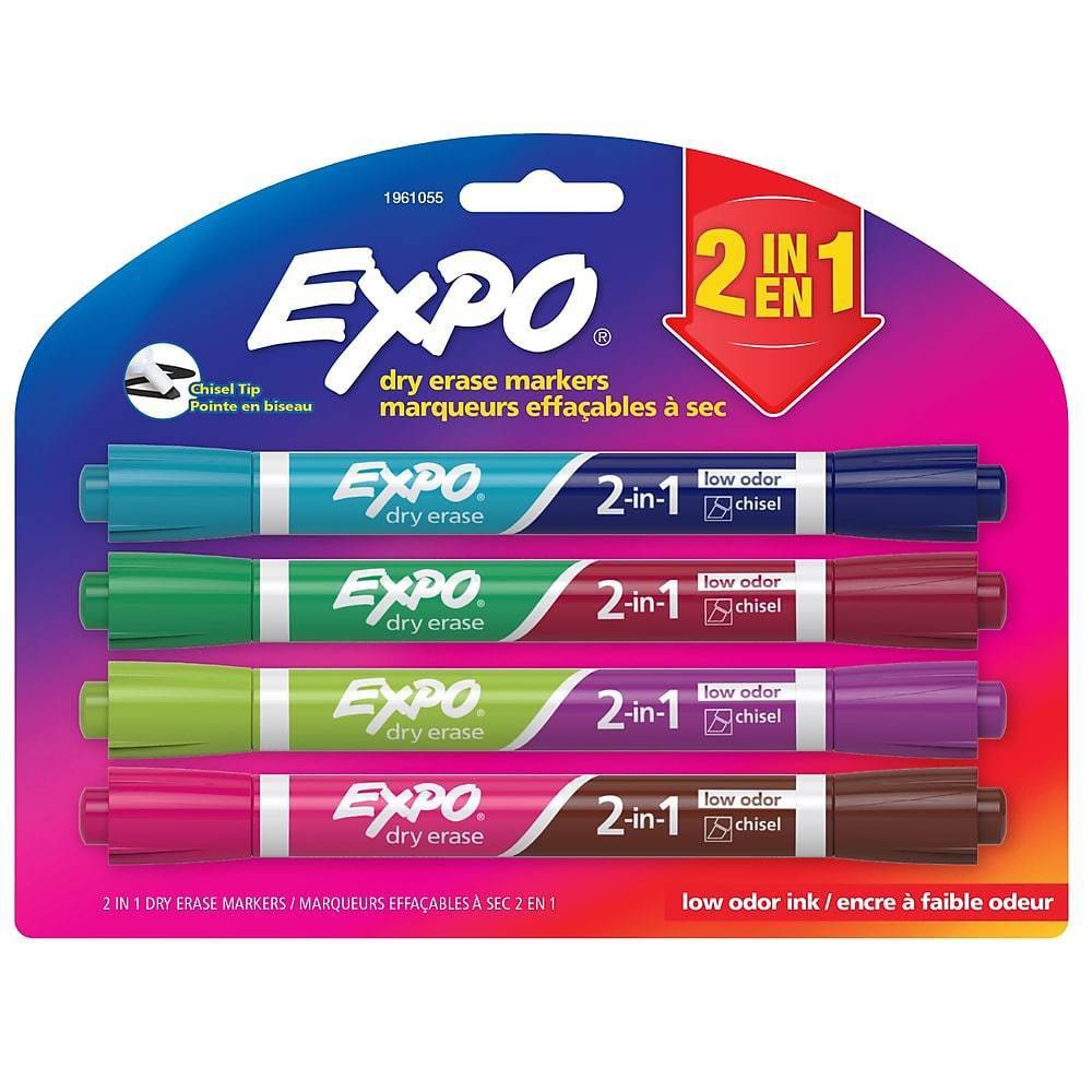 Expo 2in1 Low Odour Dry Erase Markers, Chisel, 8 Assorted Colours (4/pack)