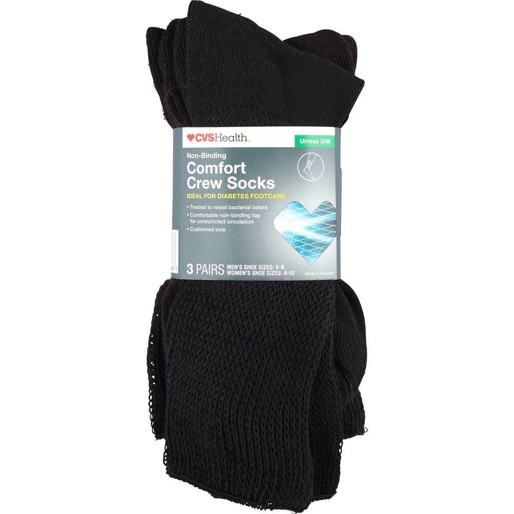 CVS Health Non-Binding Comfort Crew Socks for Diabetics Unisex, 3 Pairs, S/M, Black