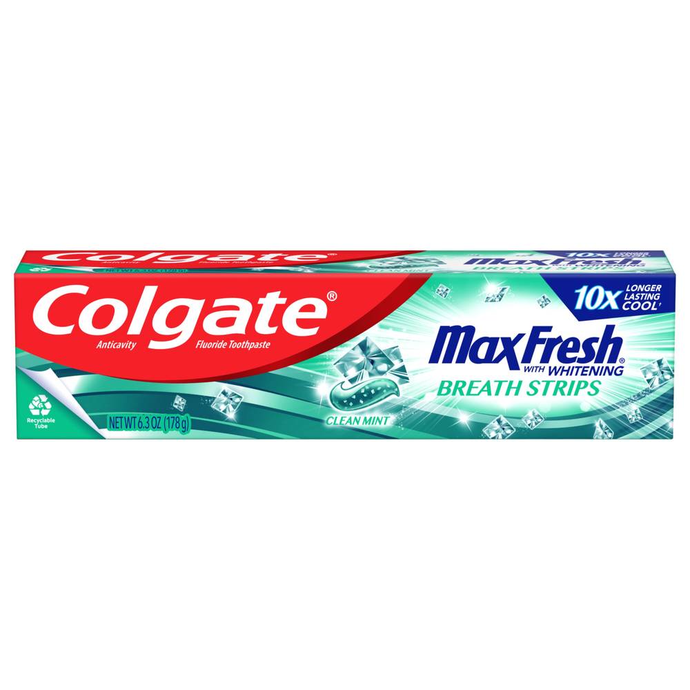 Colgate Max Fresh with Whitening Breath Strips Toothpaste, Clean Mint, 6.3 OZ