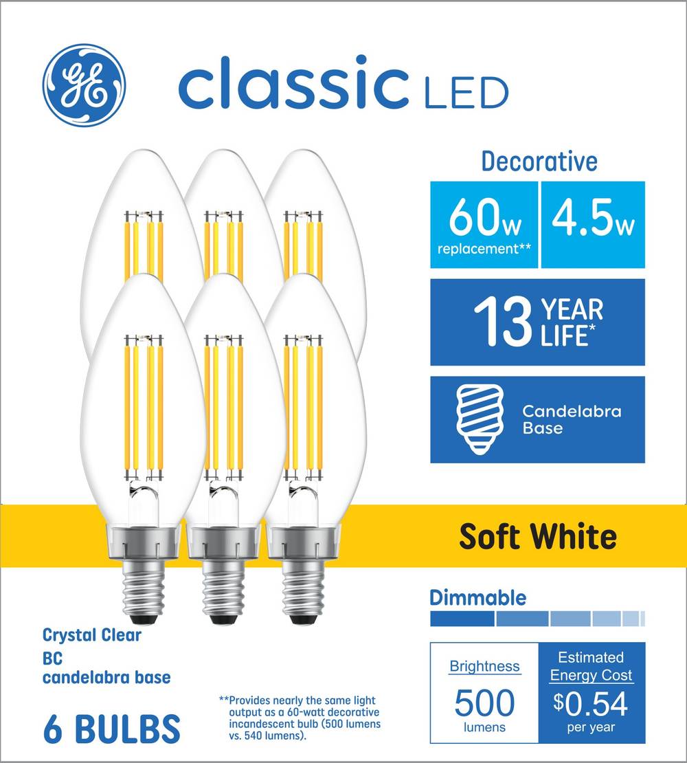 GE 60-Watt EQ BC Soft White Candelabra Base (e-12) Dimmable LED Decorative Light Bulb (6-Pack) | 93131053