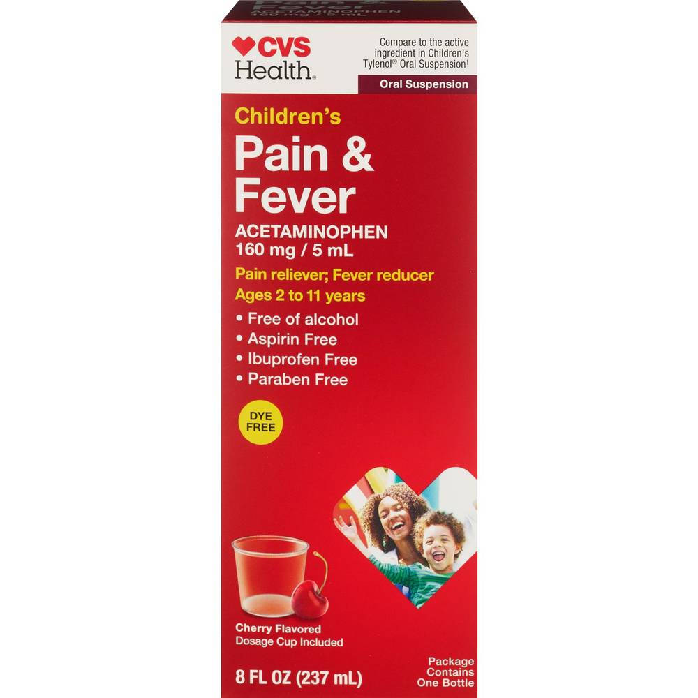 CVS Health Acetaminophen Pain Reliever & Fever Reducer For Children Ages 2 To 11 Yrs, Cherry (8 fl oz)