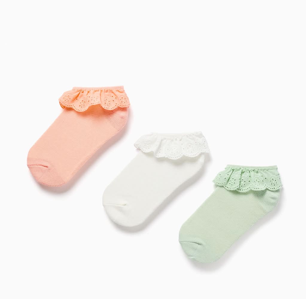 3 Pares De Meias Curtas Com Bordado Inglês Para Menina, Multicolor (Multicolor - 23/26)