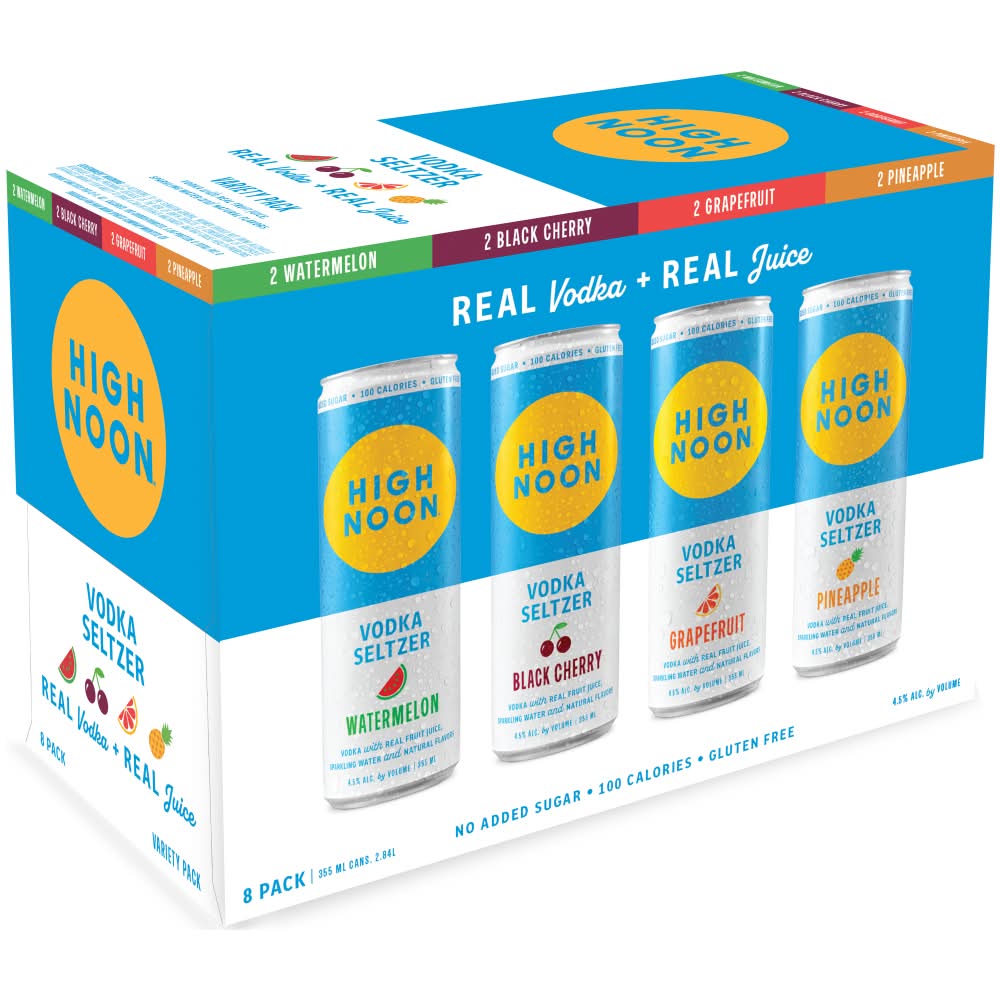 High Noon Vodka & Soda Hard Seltzer Variety pack, Watermelon-Black Cherry-Grapefruit-Pineapple (8 x 12 fl oz)