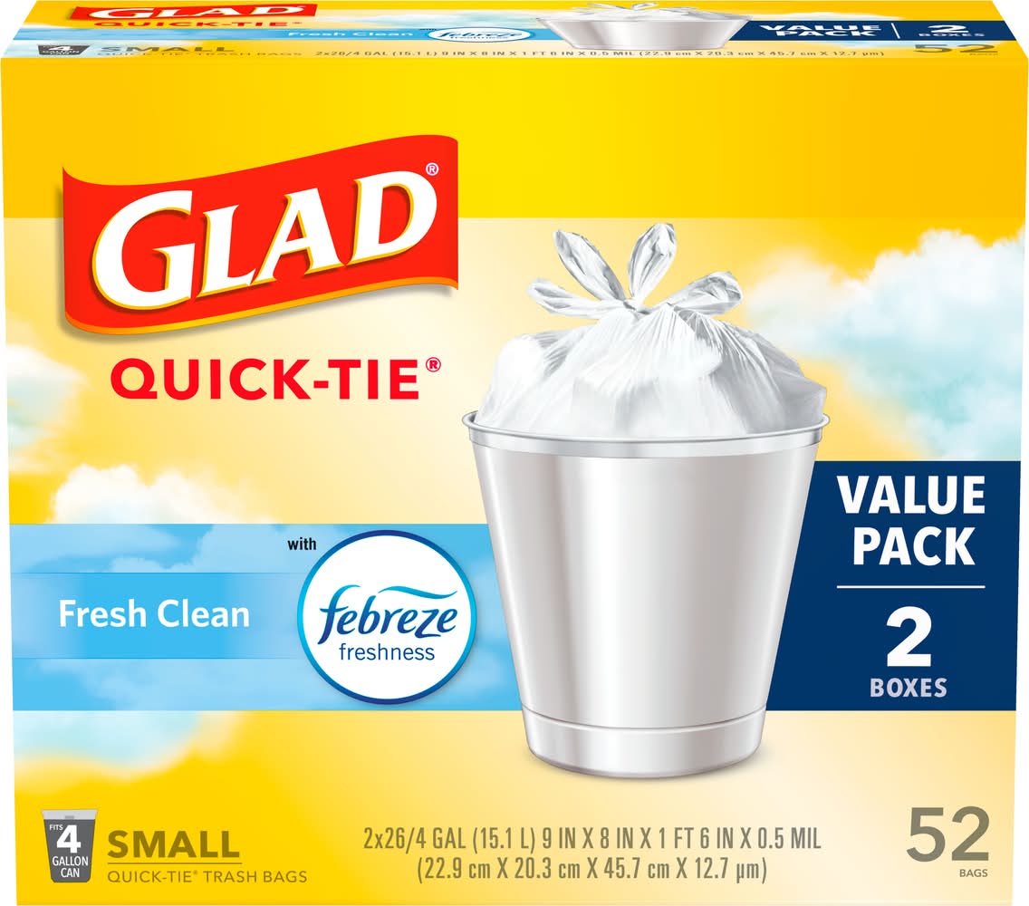 Glad Fresh Clean Trash Bags 4 Gallon, Fresh Clean, Small, White (2 x 26 ct)
