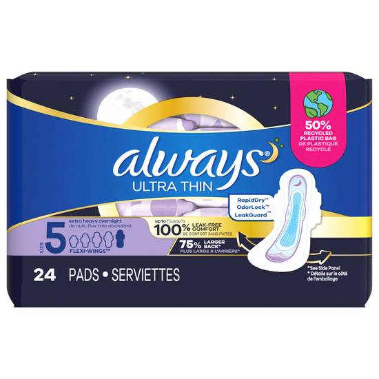 Always Ultra Thin Size 5 Overnight With Wings Pads (24 ct)