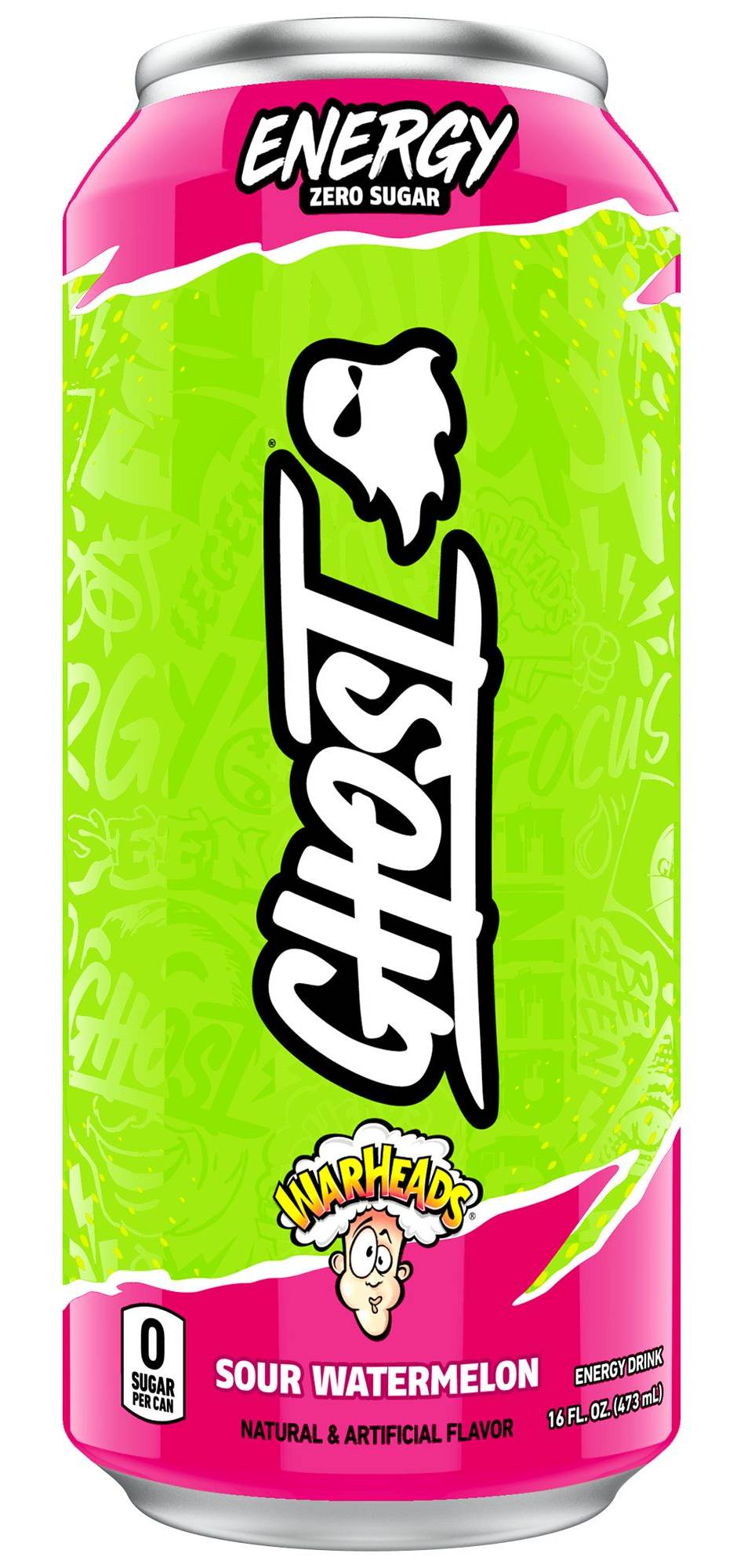 Ghost Energy Drink - Zero Sugar - Warheads Sour Watermelon (12 Drinks, 16 Fl Oz. Each)