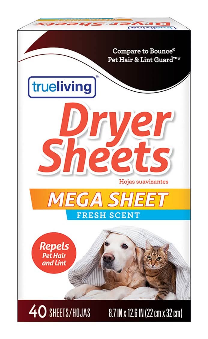 True Living Mega Dryer Sheets Repels Pet Hair & Lint, Fresh, 8.7x12.6 in (40 ct)