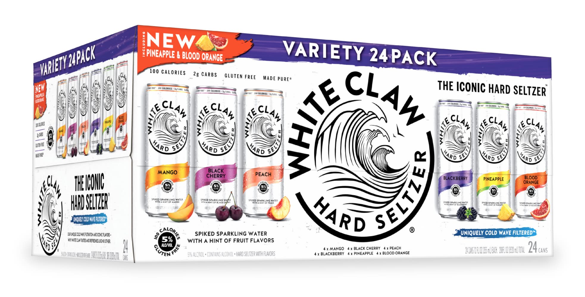 White Claw Hard Seltzer Variety pack, Mango-Black Cherry-Peach-Blackberry-Pineapple-Blood Orange (24 x 12 fl oz)