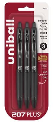 Uniball 207 Plus+ Gel Pen 0.7mm Medium Point Ink, Black (3 ct)