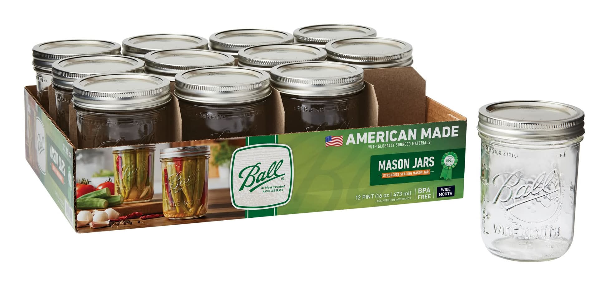 Ball Wide Mouth Mason Jars With Lid 16 oz (12 ct)