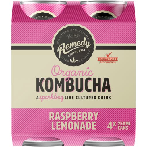 Remedy Brewing Company Organic Kombucha, Raspberry & Lemonade (4 x 250mL)