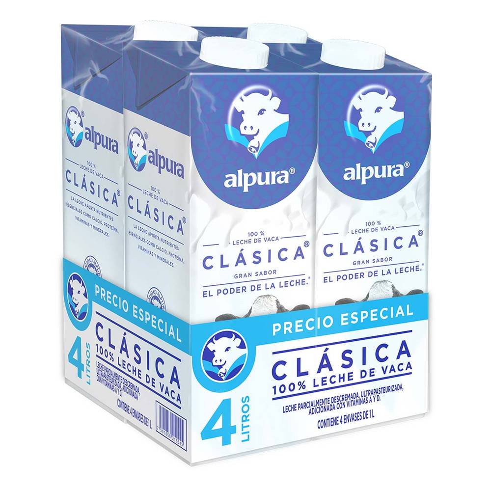 Alpura · Clásica leche de vaca parcialmente descremada ultrapasteurizada (4 x 1 L)