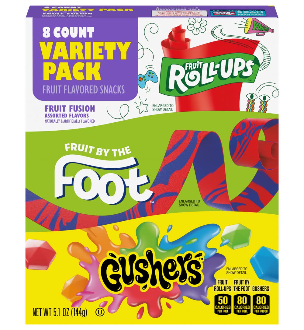 Betty Crocker Fruit Roll-Ups Fruit By the Foot Gushers Snacks Variety pack, Assorted (5.1 oz, 8 ct)