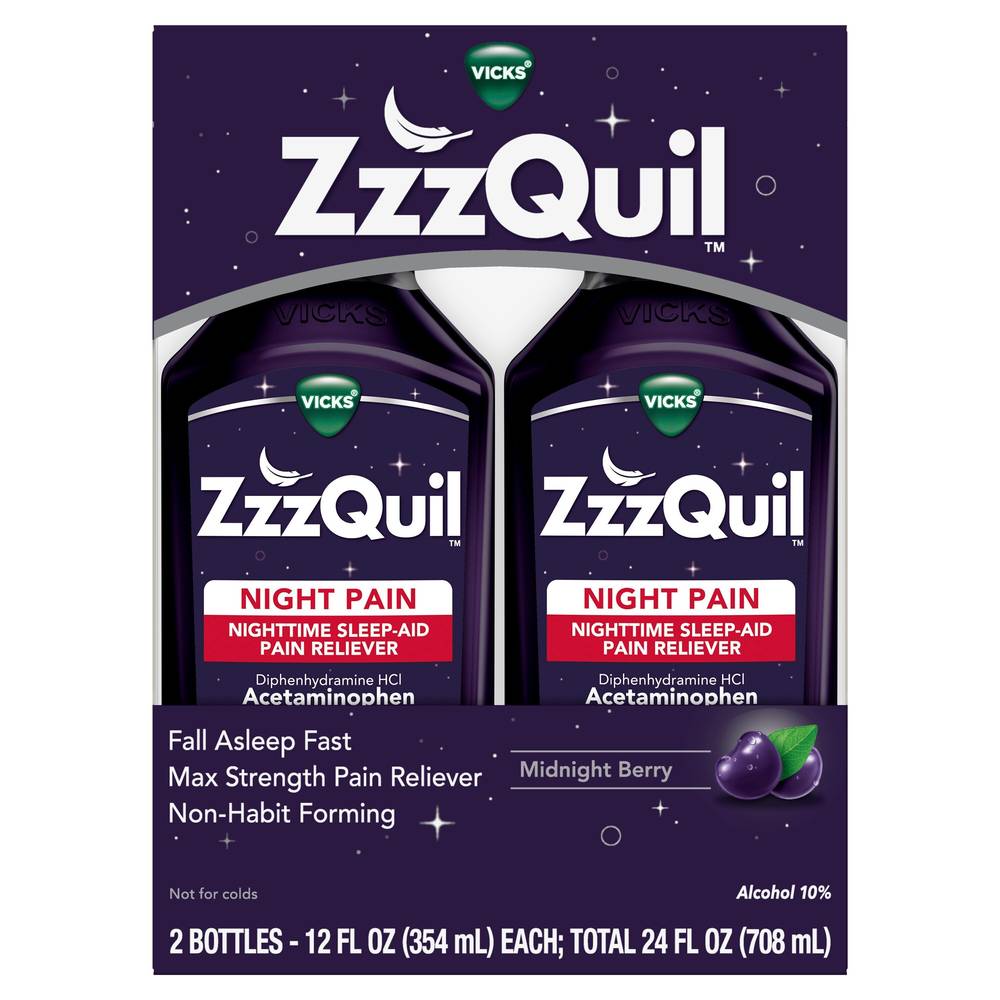 Zzzquil Nighttime Pain Relief Sleep Aid Liquid, Midnight Berry, 12 Fl Oz, 2 Pack