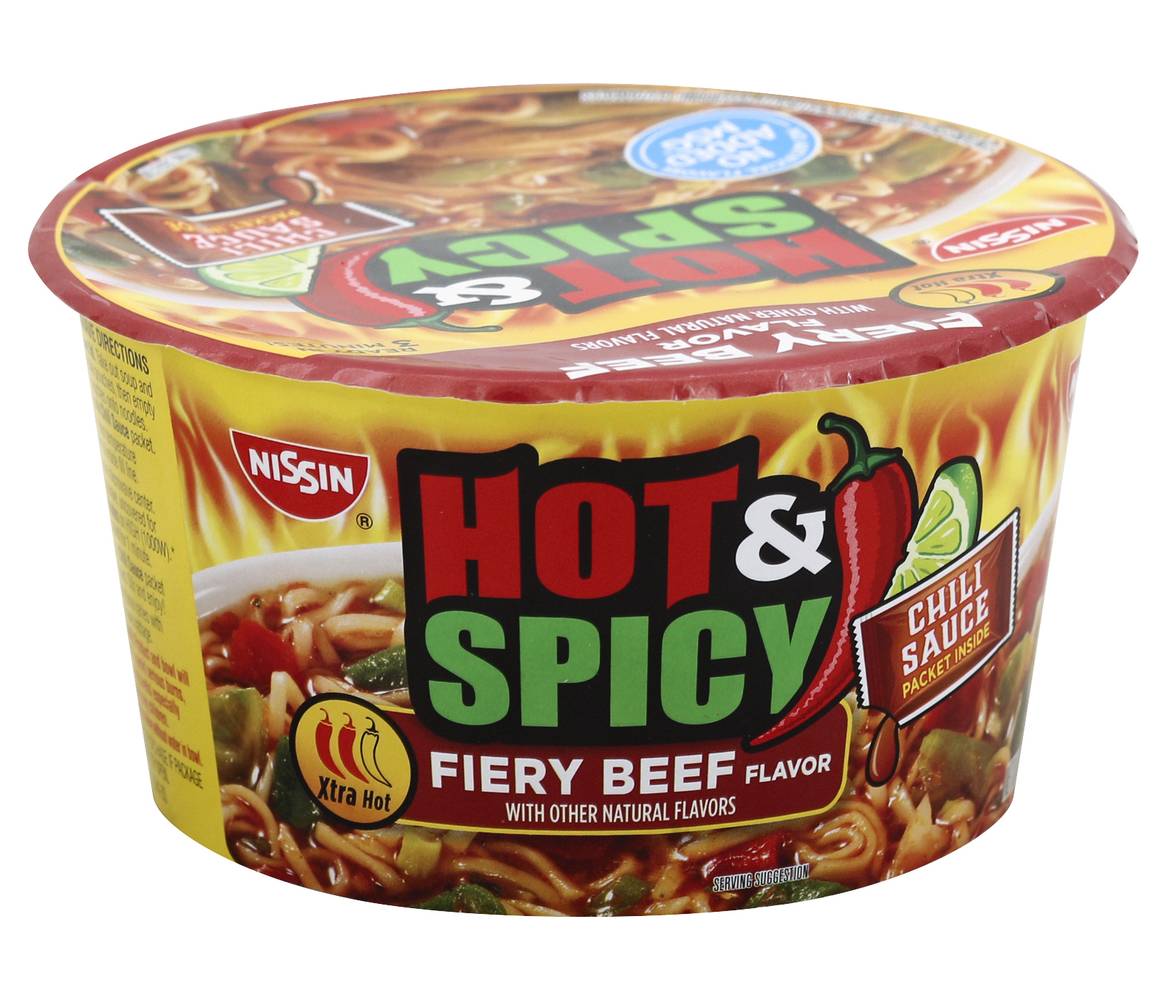 Nissin Hot & Spicy Fiery Beef Flavor Ramen Noodle Soup (3.3 oz)