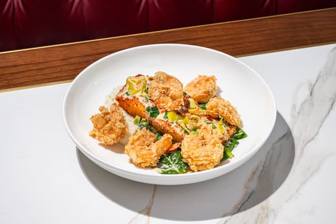 Blackened Salmon with Crispy Calabrian Shrimp