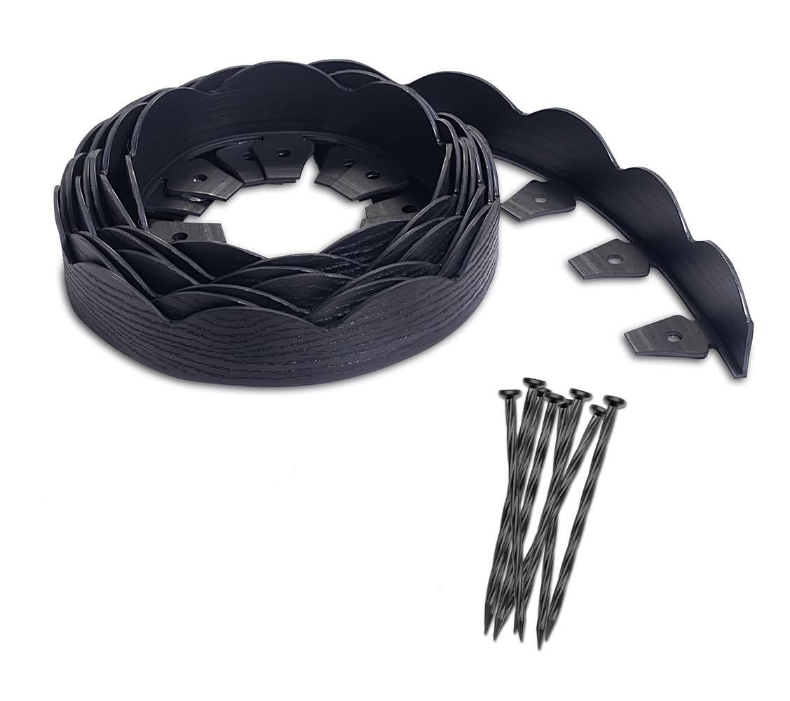 EasyFlex 20-ft x 2.5-in Scallop Woodgrain No-Dig Edging Black Plastic Landscape edging roll with stakes