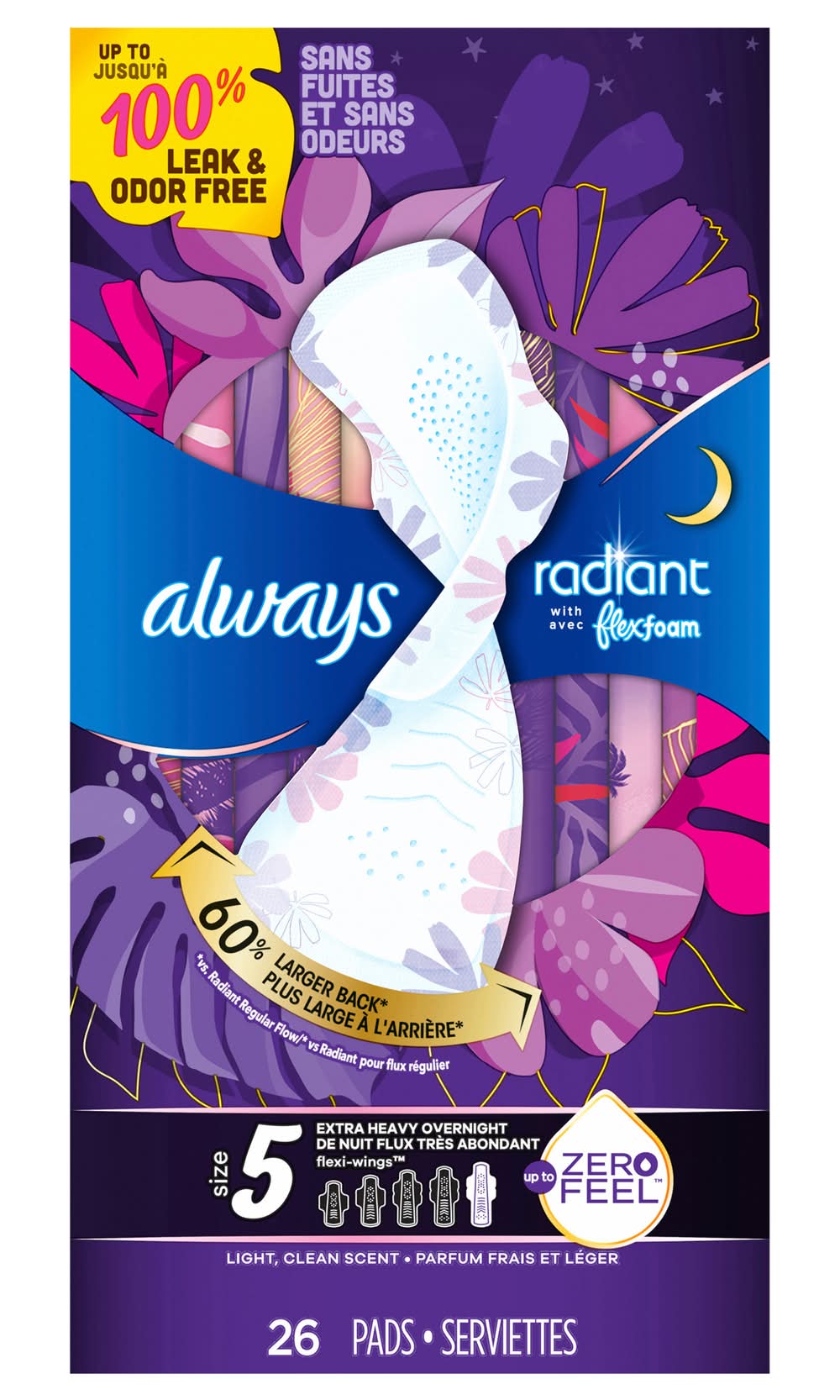 Always Radiant Extra Heavy Overnight Flex Foam Sanitary Pads, 5 (8.15 oz, 26 ct)