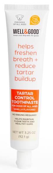Well & Good Tartar Control Dog Toothpaste tube with flavor and size label Close-up of Well & Good toothpaste for dogs with tartar control benefits
