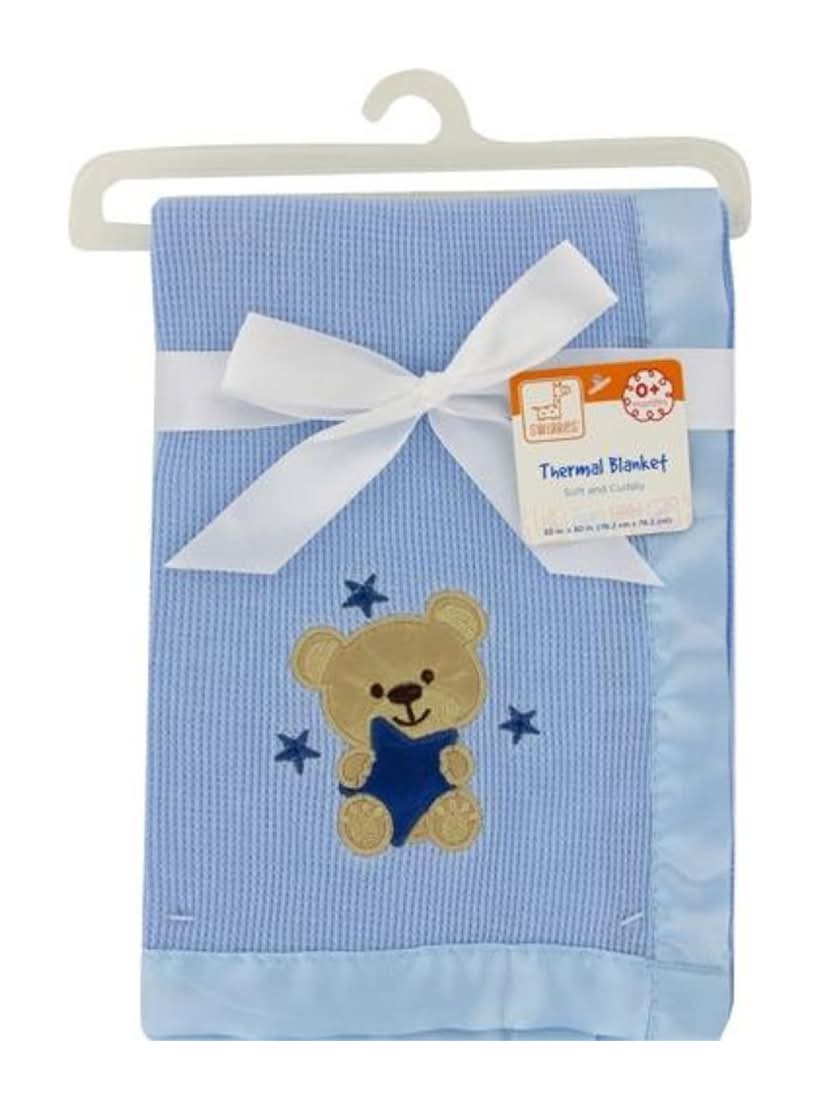 Thermal Baby Blanket With Satin Trim Blue Teddy Bear Design